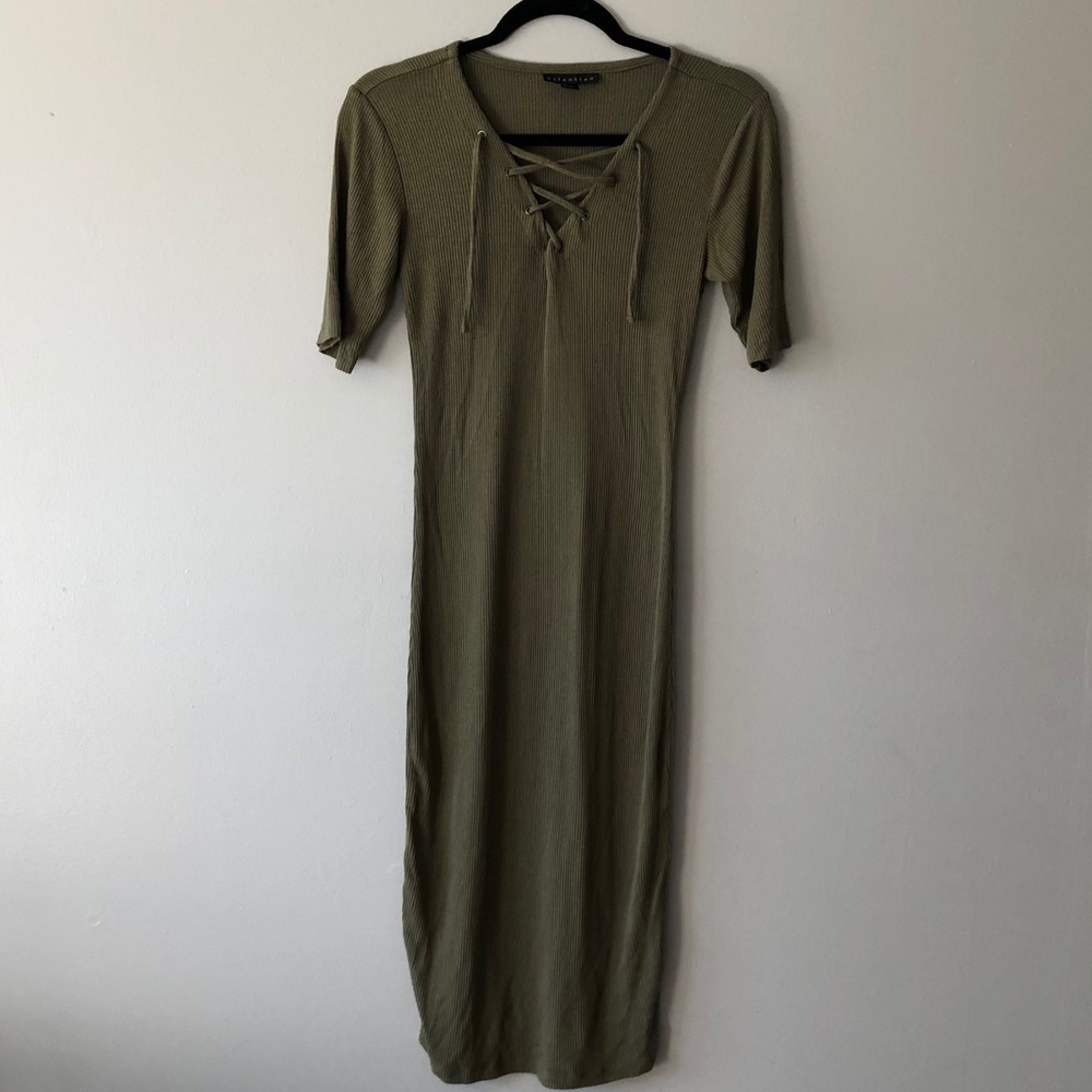 Olive Green Rib Knit Sweater Midi Dress S